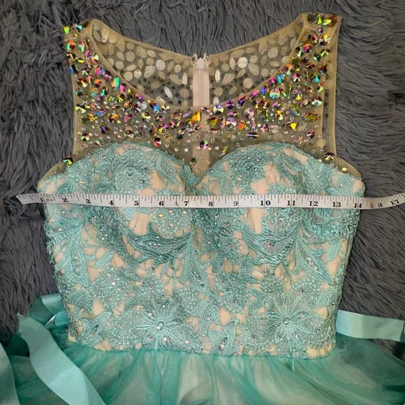 Envious Couture Prom Dress Sheer Beaded Bodice Tulle Skirt Aqua Formal Size 4